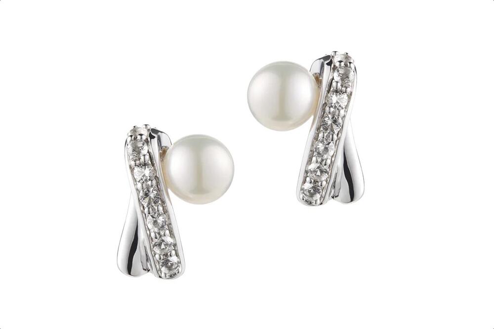 New Doting Dews Marina Fresh Water Pearl & White Topaz Rhodium Silver Earrings